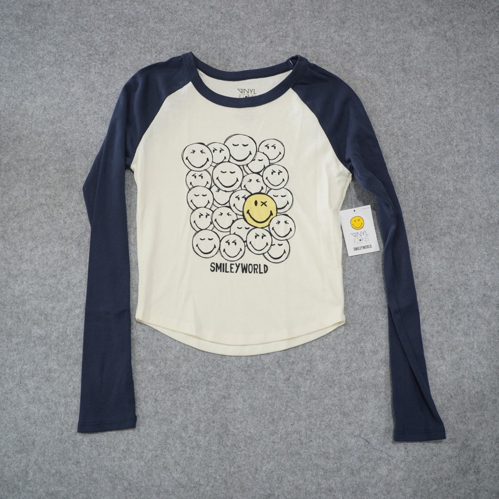 Vinyl Icons Kids Size Large Raglan Tee Navy Cream NEW SmileyWorld Graphic